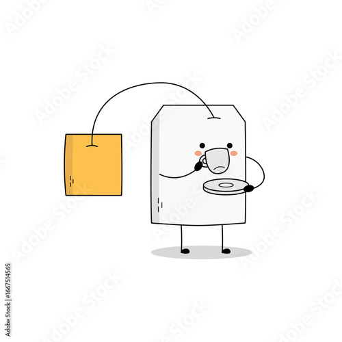 Cute Tea Bag cartoon character drinking tea doodle