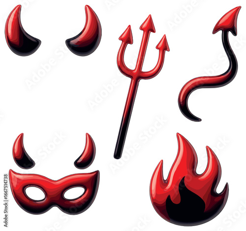 Glossy devil icons vector: red horns, trident, mask, and tail for halloween concepts