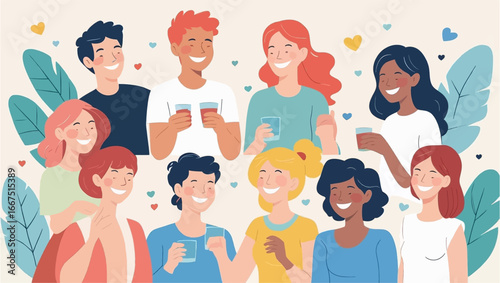 Happy friendship day. Smiling yong people hug each other. Vector hand drawn illustation.