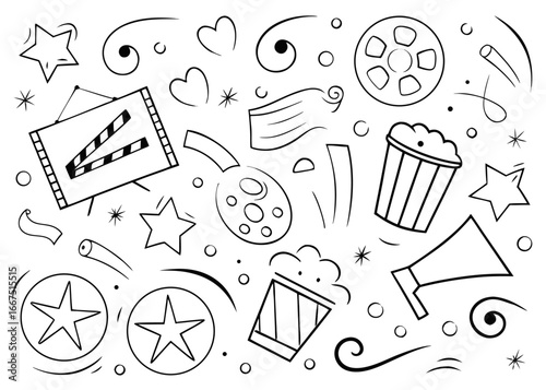Hand drawn sketch cinema movie entertainment background featuring film reel and projector elements in vibrant colors