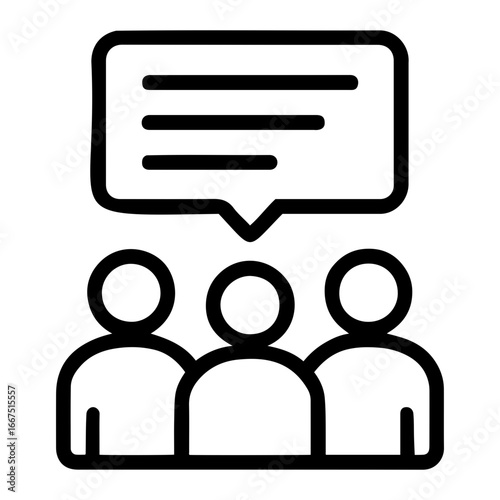 Group of people with speech bubble above their heads in a simple line drawing on transparent background