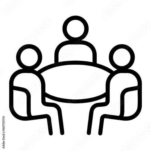 Illustration of three people sitting around an oval table in a meeting room on transparent background