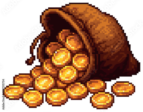 Pixelated gold treasure vector: retro game style coins art for adventure and fantasy themes