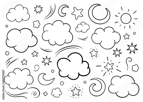 Charming hand drawn crayon art featuring celestial bodies like stars and moons with a delightful cloud texture pattern for creative projects