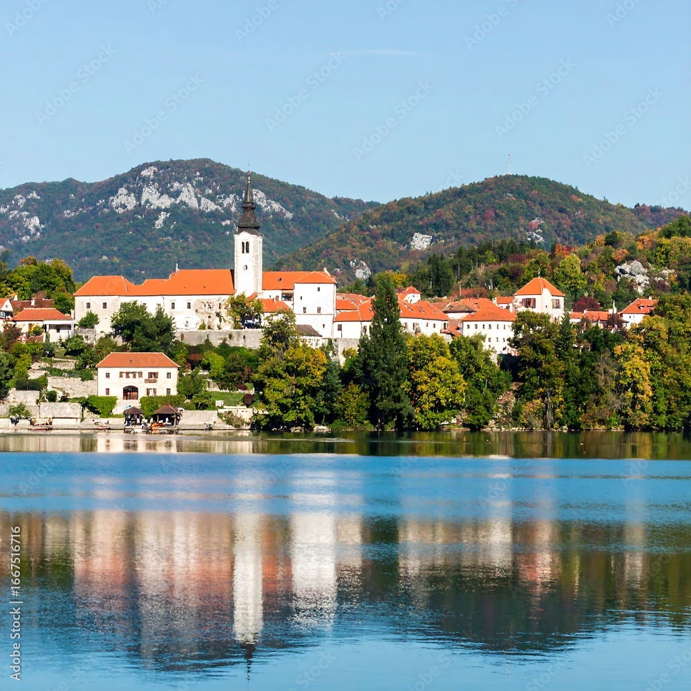 Obraz premium Lakeside village nestled in hills