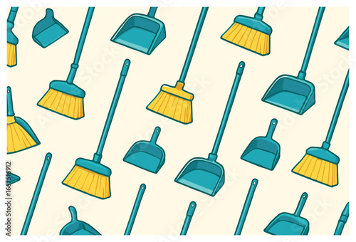 Cleaning tools vector | brooms & dustpans seamless pattern | home cleaning supplies background