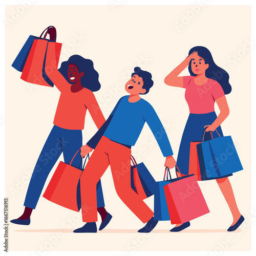 Diverse shoppers vector: multicultural cartoon trio with shopping bags - retail, fashion, diversity