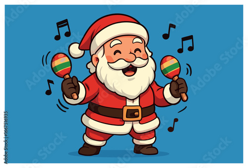 Festive santa vector: jolly christmas character with maracas celebrates holiday joy