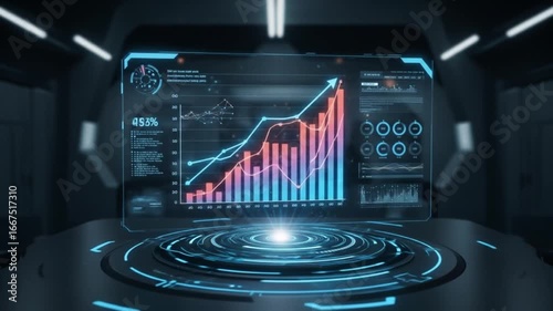 Futuristic holographic display showcasing business data analytics and financial growth on a high-tech digital interface
