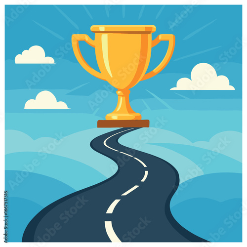 Golden trophy journey: achievement and success path concept vector for victory and winning