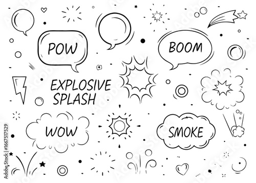 Dynamic comic book action burst sound effect line art elements for explosive visuals