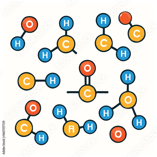 Molecular diagrams vector | colorful chemistry structures, simple atomic bonds art