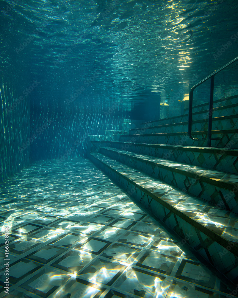 Fototapeta premium Serene underwater pool steps with shimmering refracted light patterns and tile texture