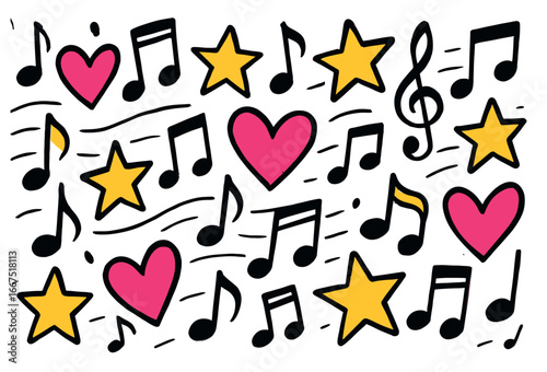 Playful doodle art vector with hearts, stars, and music notes for holiday decorations