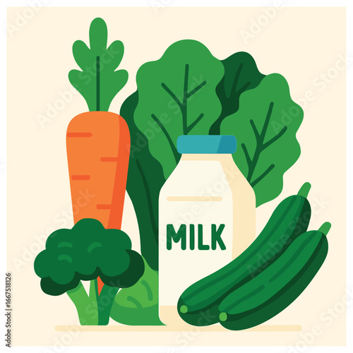 Fresh produce vector: healthy vegetables and milk for balanced diet - simple composition