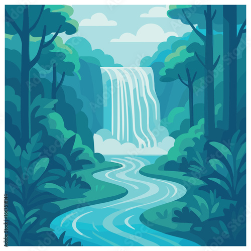 Cascading jungle waterfall vector: lush greenery, tranquil stream, nature scene, forest landscape