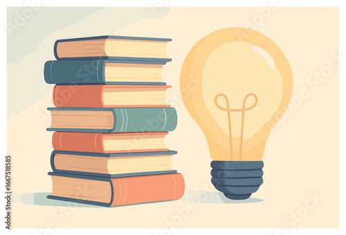 Education vector: books and lightbulb symbolizing knowledge, creativity, and learning
