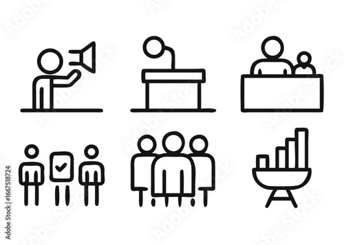 Professional conference and meeting icons with customizable stroke thickness for diverse business applications and presentations