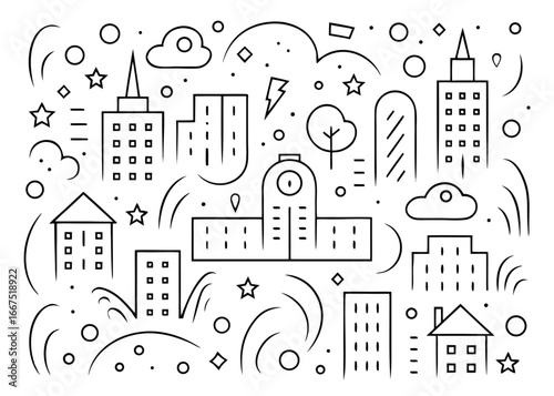 Striking single line drawing of a modern city skyline showcasing architectural structures with clean outlines in a monochromatic palette
