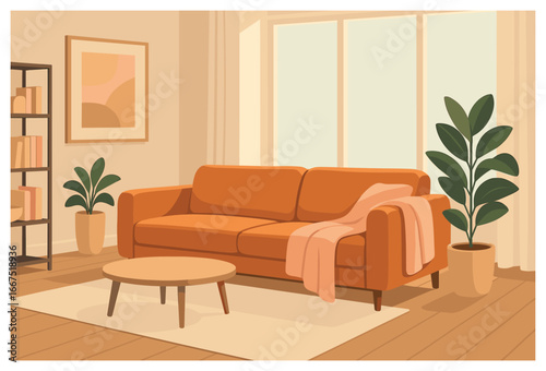 Cozy modern living room vector: contemporary, minimalist design for comfort and style
