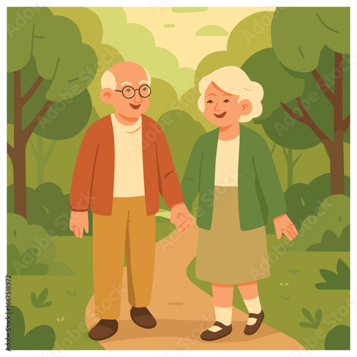 Joyful senior couple park stroll vector: elderly happiness, nature walk, leisure outdoors