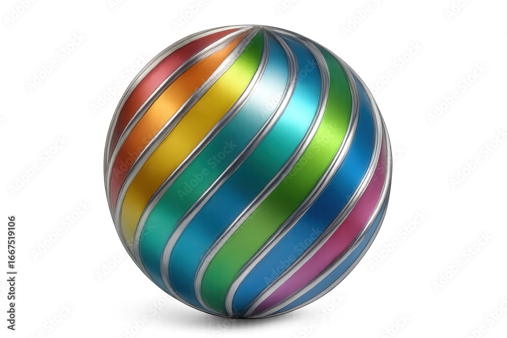 Obraz premium Colorful sphere rotating, with rainbow stripes and metallic silver borders, on transparent background