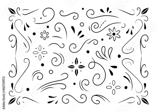 Charming hand drawn doodle style corner flourish border elements for decorative accents and design projects