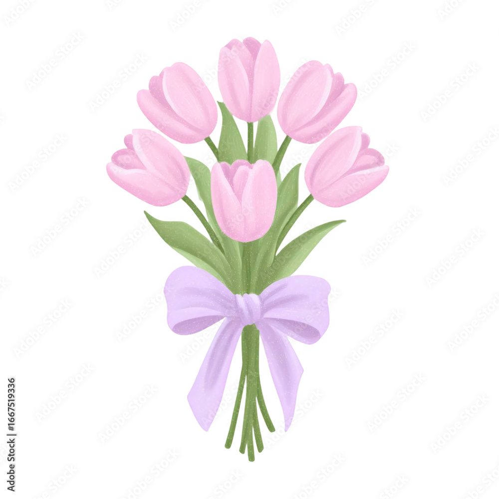 Fototapeta premium Romantic bouquet of pink tulips tied with a lavender ribbon for springtime cheer