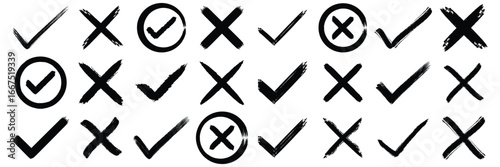 Check tick mark icon set. Cross box x check mark checkbox v list vector draw hand drawn sketch doodle brush marker checklist symbol wrong right circle. Grunge brush stroke checkmarks. eps 10