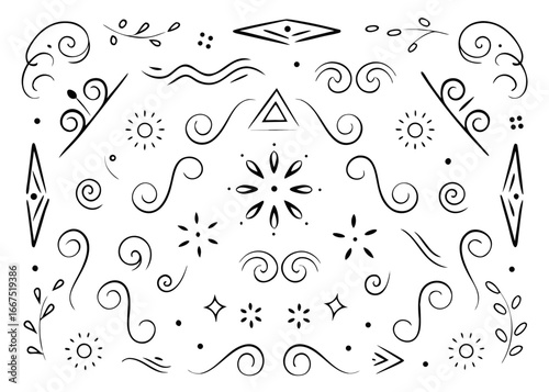 Hand drawn doodle style corner flourish border set for decorative accents and elegant design elements