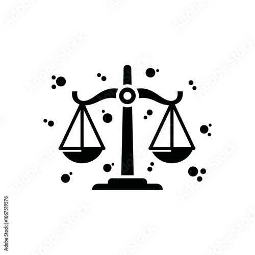 Vector art of black and white illustration of a justice scale with scattered dots