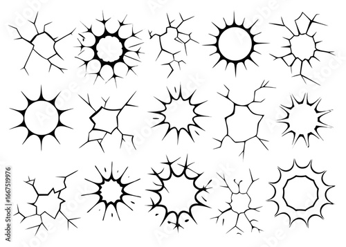Collection of shattered broken crack and fissure silhouettes for graphic design projects