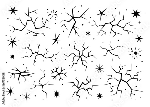 Collection of shattered broken crack fissure silhouettes for graphic design projects