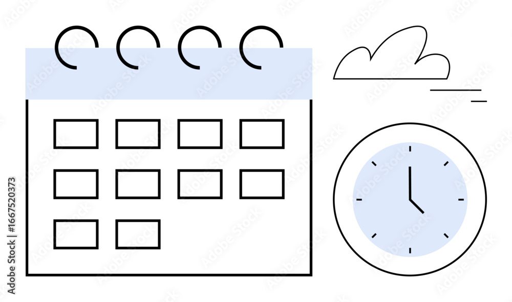 Obraz premium Calendar with highlighted rows and clock representing organization, planning, productivity, appointments, reminders, time tracking. Ideal for task management, event scheduling, simple landing page