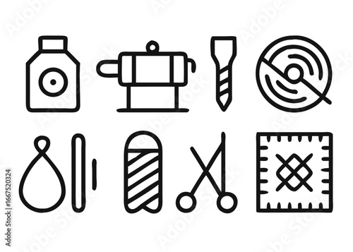 Creative hobbies icon set featuring art supplies and sewing tools for crafting projects