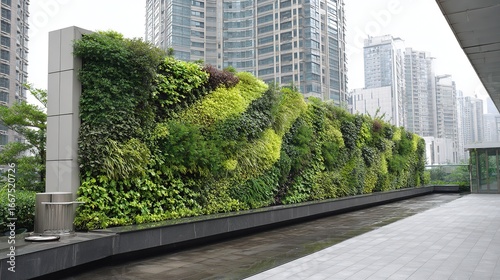 Green environmental protection publicity theme, urban vertical greening wall, various green plants planted on it, rainwater collection device below, background is high-rise buildings
