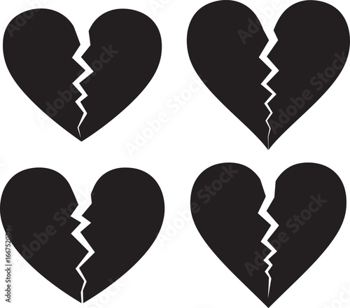 Four black broken heart silhouettes with cracked texture