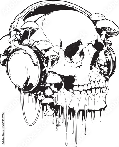 Melodic Mortality: A monochrome illustration of a skull adorned with headphones and organic mushrooms, presenting a thought-provoking artistic statement about the intersection of sound and life.