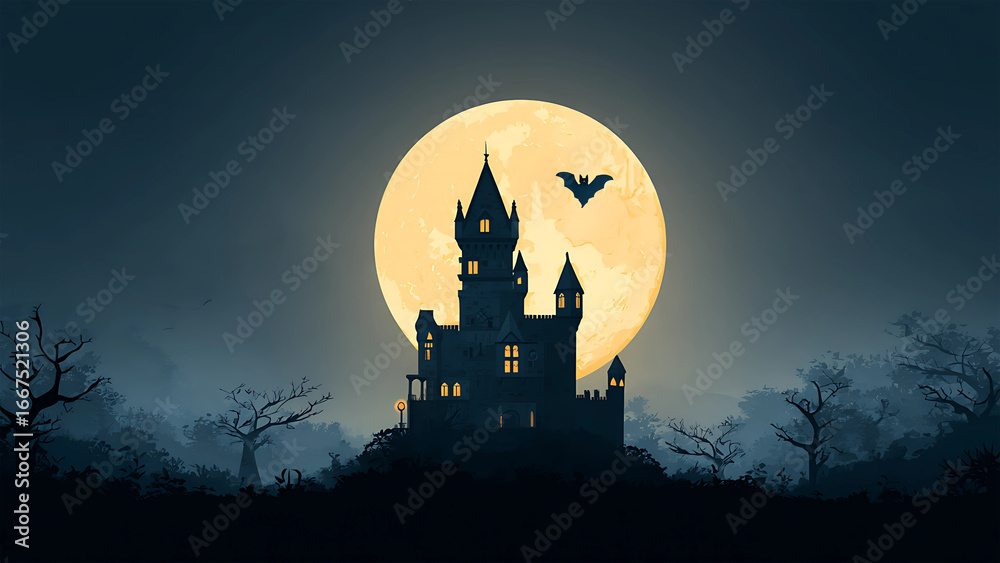 Fototapeta premium Haunted castle silhouette with full moon and spooky trees Halloween illustration background.