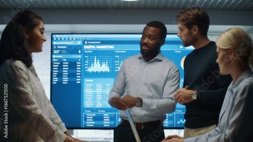 Diverse team of professionals in a modern office meeting, analyzing data on a large digital screen and collaborating on a business strategy presentation