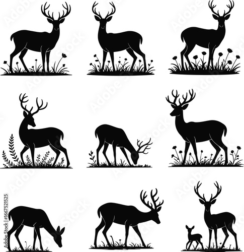 Deer silhouette vector set, antler and fawn poses, floral nature elements, black wildlife illustration, forest animal design, grazing and standing artwork