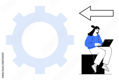 Wallpaper Mural Female character seated on a block using laptop, large gear symbol in background, bold arrow pointing left. Ideal for productivity, technology, workflow, focus, direction, strategy innovation Torontodigital.ca