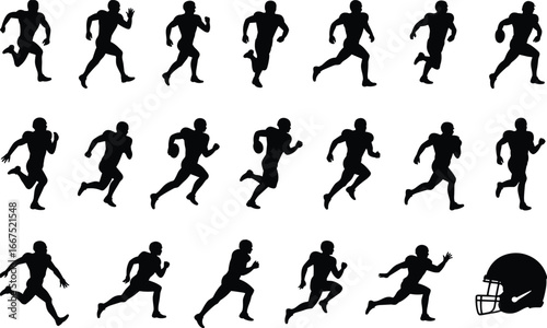  Football player running silhouettes, sprint motion sequence, athletic action poses, black vector illustration, sports training, dynamic movement, helmet detail, fitness concept