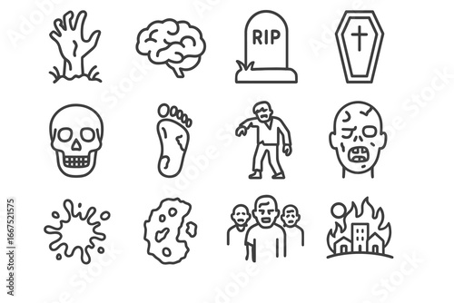 Zombie apocalypse icons set, simple line art vector illustrations for horror and survival designs