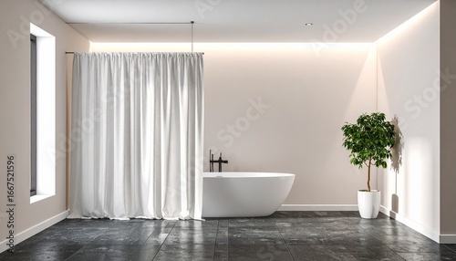 Spacious and serene minimalist bathroom interior with a freestanding white bathtub, dark reflective flooring, and a green plant
