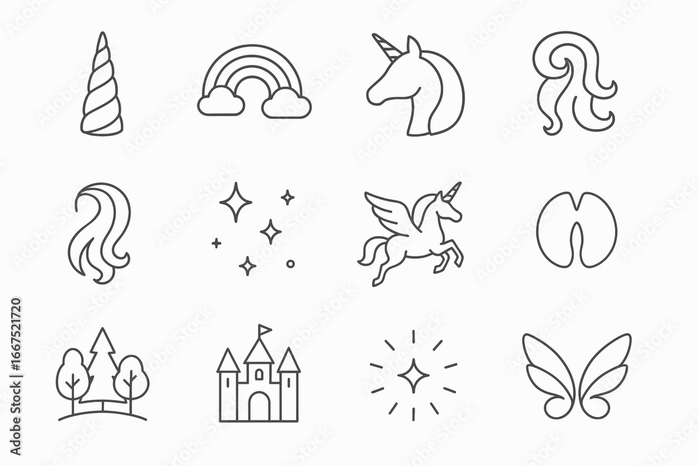 Obraz premium Minimalist unicorn icons, simple line art vector illustrations for fantasy and magical designs