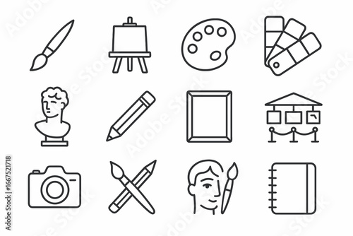 Creative tools and art icons set, simple line art vector illustrations for creative projects