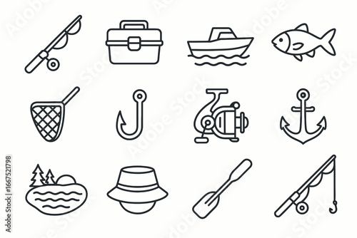 Fishing icon set, simple line art vector illustrations for angling and outdoor designs