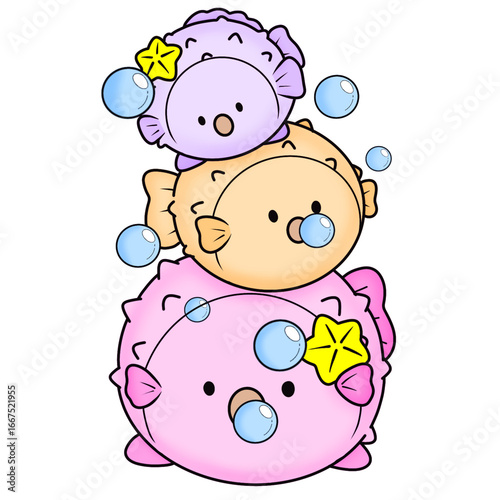 Pastel Puffy Fish Stack – Cute Cartoon Clipart