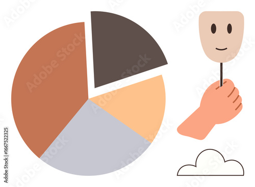 Hand holding a mask with a smile, adjacent to a multicolored pie chart and a minimalistic cloud. Ideal for identity, data analysis, emotional balance, self-expression, statistics, simplicity